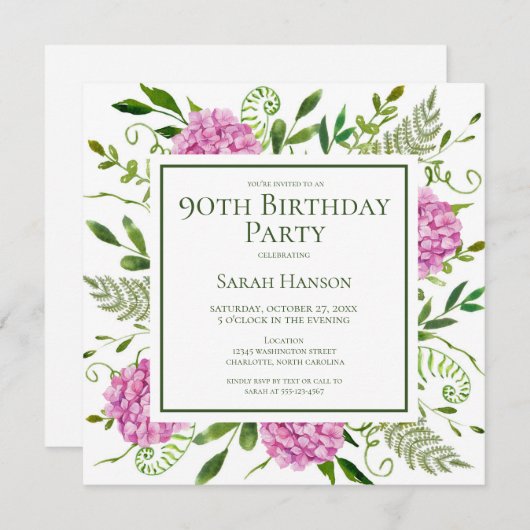 90th Birthday Pink Hydrangeas Card Request  Einladung (Vorne/Hinten)
