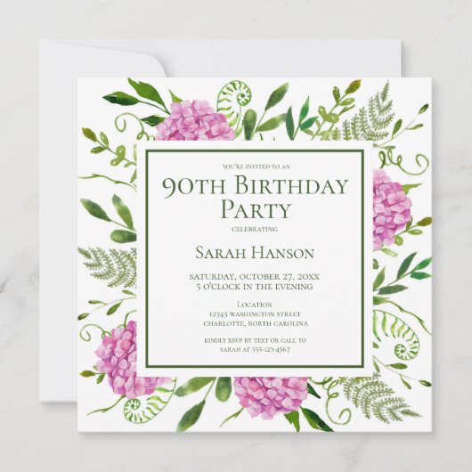 90th Birthday Pink Hydrangeas Card Request Einladung (Vorderseite)
