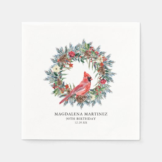90th Birthday Red Cardinal Wreath Custom Cocktail Serviette (Vorderseite)