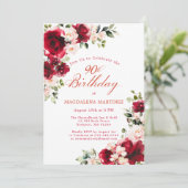 90th Birthday Red Rose Pink Peony Floral Einladung (Stehend Vorderseite)