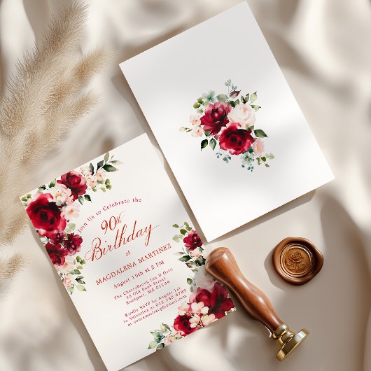 90th Birthday Red Rose Pink Peony Floral Einladung