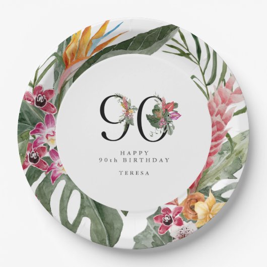 90th Birthday Simple Elegant Tropical Invitation Pappteller (Vorderseite)
