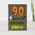 90th Birthday: Spooky Halloween Theme, Custom Name Karte<br><div class="desc">The front of this scary and spooky Halloween birthday themed greeting card design features a large number "90". It also features the message "HAPPY BIRTHDAY, ", plus a customizable name. There are also depictions of a bat and a ghost on the front. The inside features a custom birthday greeting message,...</div>