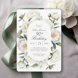 90th Birthday White Watercolor Peonies Floral Einladung