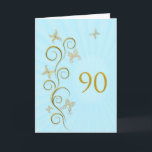 90th Birthday with golden butterflies Karte<br><div class="desc">90th Birthday with golden butterflies.  A floral scroll with stylized flowers and delicate butterflies. A stunning birthday card. See the whole range of cards for ages and relationships in my store.  Golden butterflies made from delicate scroll work flutter around this elegant and beautiful birthday card</div>