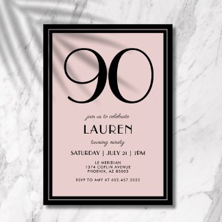 90th Birthday Women's Modern Minimal Black Pink Einladung