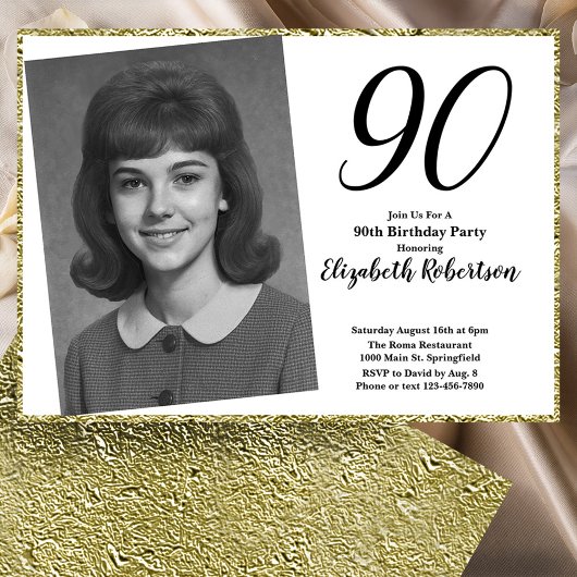 90th Custom Photo White and Gold  Einladung