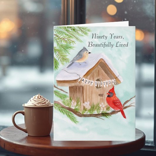 90th Happy Birthday Birds at Birdhouse Karte