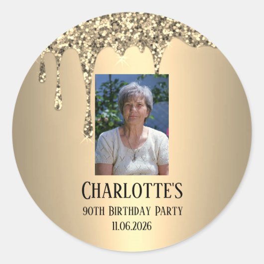 90th Ninety Elegant Birthday Party Gold Runder Aufkleber (Vorderseite)