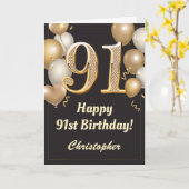 91. Geburtstag Black and Gold Balloons Confetti Karte (Gelbe Blume)