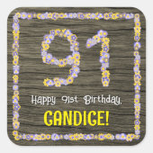 91. Geburtstag: Blumennummer, Imitate Holzschau, N Quadratischer Aufkleber (Vorderseite)