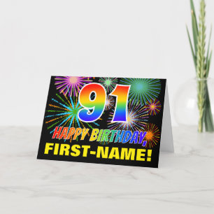 91. Geburtstag: Bold, Fun, Fireworks, Rainbow 91 Karte