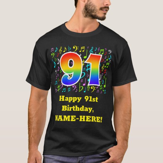 91. Geburtstag: Farbige Musiksymbole, Regenbogen 9 T-Shirt (Vorderseite)