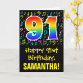 91. Geburtstag: Farbige Musiksymbole + Regenbogen  Karte (Gelbe Blume)