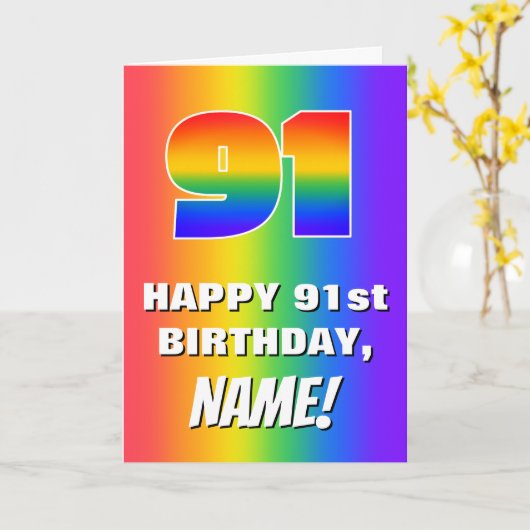 91. Geburtstag: Farbiges, lustiges Regenbogenmuste Karte (Gelbe Blume)