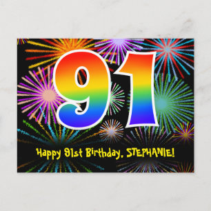 91. Geburtstag - Fun Fireworks Pattern + Rainbow 9 Postkarte