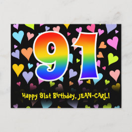 91. Geburtstag: Fun Hearts Pattern, Regenbogen 91 Postkarte
