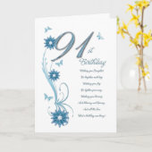 91. Geburtstag in aquamarinem mit Blumen und Karte (Gelbe Blume)