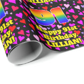 91. Geburtstag: Loving Hearts Pattern, Regenbogen  Geschenkpapier (Rolleneckpunkt)