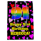 91. Geburtstag: Loving Hearts Pattern, Regenbogen  Mittlere Geschenktüte (Rückseite)