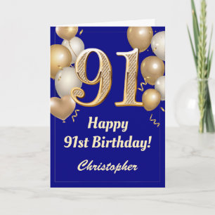 91. Geburtstag Navy Blue und Gold Balloons Confett Karte