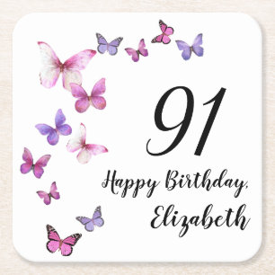 91. Geburtstag Pink Purple Schmetterlinge Rechteckiger Pappuntersetzer
