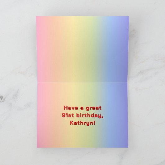 91. Geburtstag: Regenbogentext, benutzerdefinierte Karte (Innenseite)