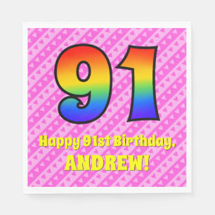 91. Geburtstag: Rosa Streifen & Herz, Regenbogen N Serviette