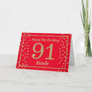 91. Geburtstag Rot und Gold Glitter Konfetti Karte