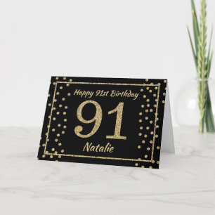 91. Geburtstag Schwarz und Gold Glitter Konfetti K Karte