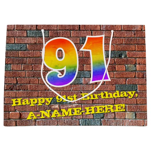 91. Geburtstag: Spaß, Graffiti-Inspiriert Regenbog Große Geschenktüte (Vorderseite)
