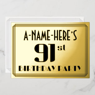 91. Geburtstagsfeier: Art Deco-Look „91“ und Name Folieneinladung