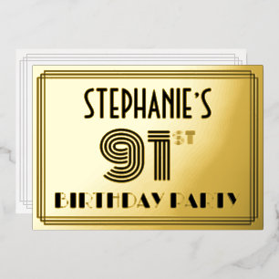 91. Geburtstagsfeier — Art Deco Stil “91” & Name Folieneinladung
