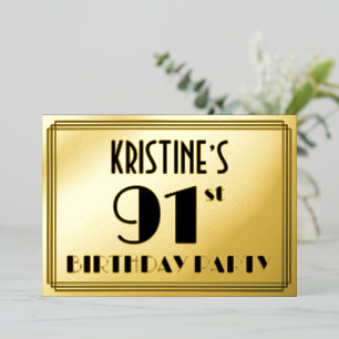 91. Geburtstagsparty — Art Deco Look "91" + Name Folieneinladung