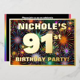 91. Geburtstagsparty — Spaß, farbenfrohe Feuerwerk Folieneinladung