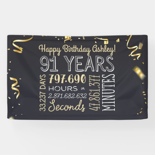 91 Jahre - Elegant Black & Gold - 91. Geburtstag Banner (Horizontal)