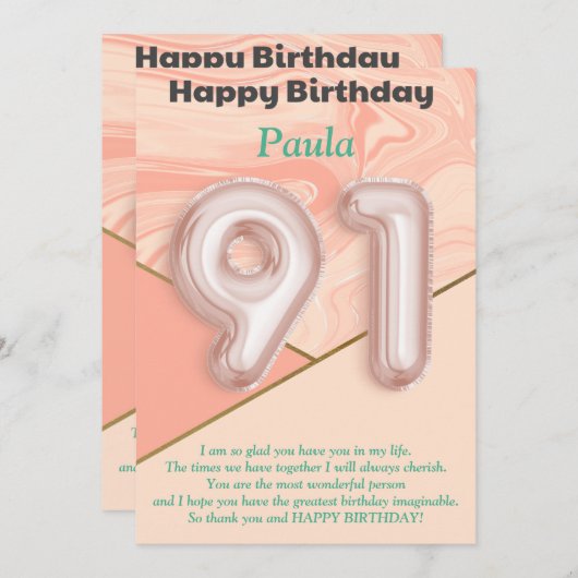 91-jährige Mädchen Happy Birthday Card (Vorne/Hinten)