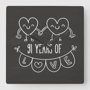 91. Jubiläum Geschenk Chalk Herzen Quadratische Wanduhr