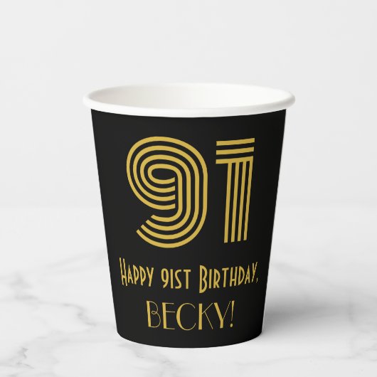 91st Birthday: Art Deco Inspired Look “91” & Name Pappbecher (Rückseite)