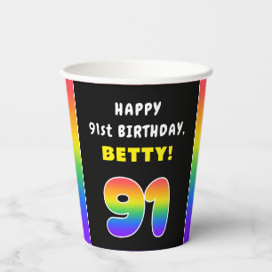 91st Birthday: Colorful Rainbow # 91, Custom Name Pappbecher