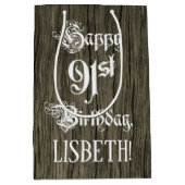 91st Birthday: Fancy, Faux Wood Look + Custom Name Mittlere Geschenktüte (Vorderseite)