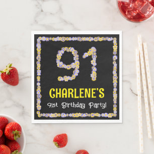 91st Birthday: Floral Flowers Number, Custom Name Serviette