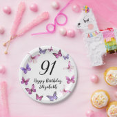 91st Birthday Pink Purple Butterflies Pappteller (Party)