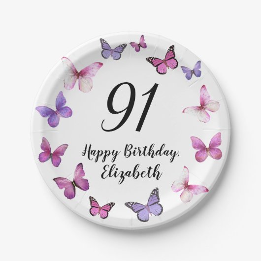 91st Birthday Pink Purple Butterflies Pappteller (Vorderseite)