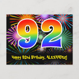 92. Geburtstag - Fun Fireworks Pattern + Rainbow 9 Postkarte