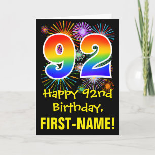 92. Geburtstag: Lustiges Feuerwerk Muster + Regenb Karte