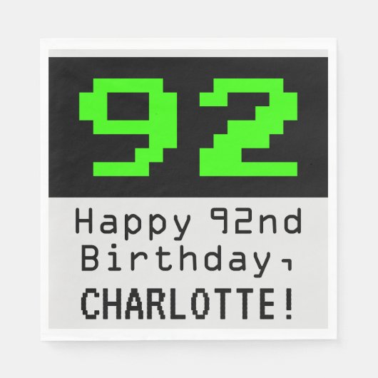 92. Geburtstag - Nerdy / Geeky Style "92" & Name Serviette (Vorderseite)