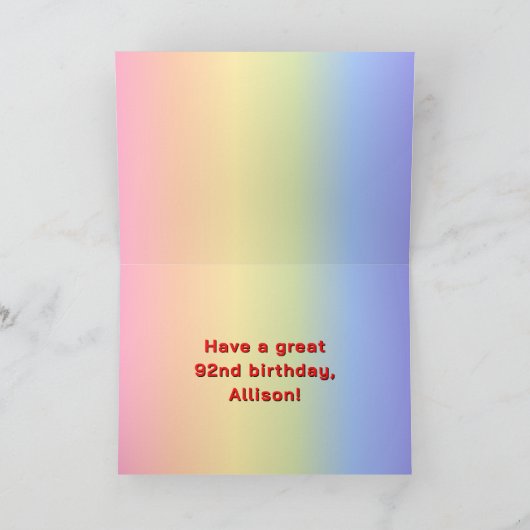 92. Geburtstag: Regenbogentext, benutzerdefinierte Karte (Innenseite)