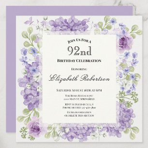 92. Geburtstagseinladung Elegante lila Blumen Einladung