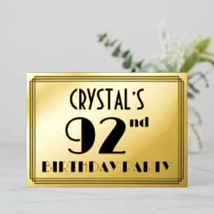 92. Geburtstagsparty — Art Deco Look "92" + Name Folieneinladung